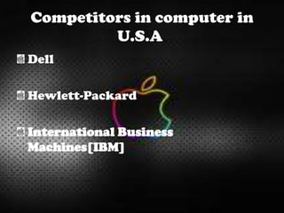Competitors in computer in
U.S.A.
Dell
Hewlett-Packard
International Business
Machines[IBM]
 