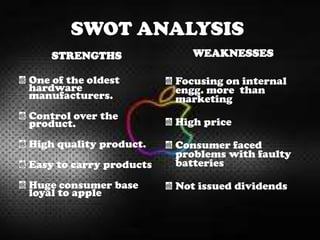 SWOT ANALYSIS
STRENGTHS
One of the oldest
hardware
manufacturers.
Control over the
product.
High quality product.
Easy to carry products
Huge consumer base
loyal to apple
WEAKNESSES
Focusing on internal
engg. more than
marketing
High price
Consumer faced
problems with faulty
batteries
Not issued dividends
 
