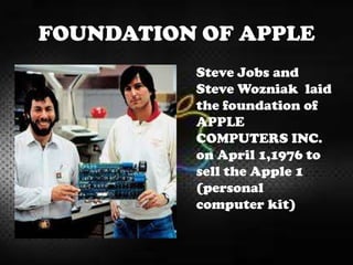 FOUNDATION OF APPLE
Steve Jobs and
Steve Wozniak laid
the foundation of
APPLE
COMPUTERS INC.
on April 1,1976 to
sell the Apple 1
(personal
computer kit)
 
