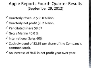 Apple Reports Fourth Quarter Results
(September 29, 2012)
Quarterly revenue $36.0 billion
Quarterly net profit $8.2 billion
Per diluted share $8.67
Gross Margin 40.0 %
International Sales 60%
Cash dividend of $2.65 per share of the Company’s
common stock.
An increase of 94% in net profit year over year.
 