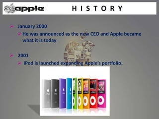  January 2000
He was announced as the new CEO and Apple became
what it is today
 2001
 iPod is launched expanding Apple’s portfolio.
H I S T O R Y
 