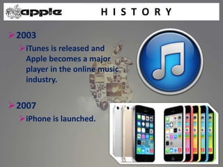 H I S T O R Y
2003
iTunes is released and
Apple becomes a major
player in the online music
industry.
2007
iPhone is launched.
 