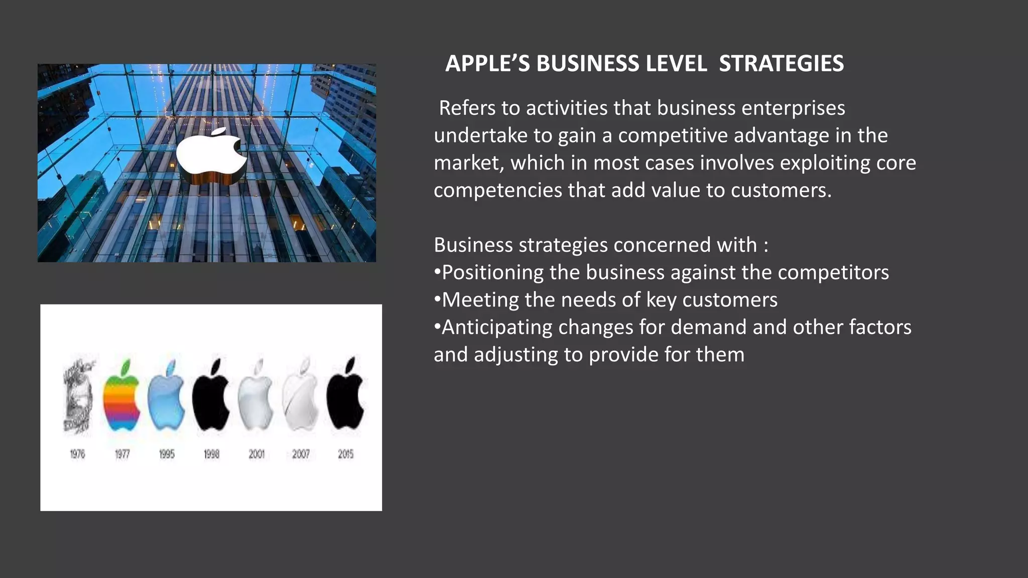 APPLE’S BUSINESS LEVEL STRATEGIES
Refers to activities that business enterprises
undertake to gain a competitive advantage in the
market, which in most cases involves exploiting core
competencies that add value to customers.
Business strategies concerned with :
•Positioning the business against the competitors
•Meeting the needs of key customers
•Anticipating changes for demand and other factors
and adjusting to provide for them
 