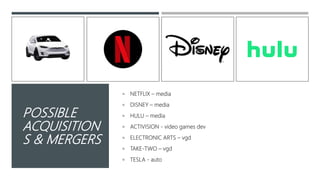 POSSIBLE
ACQUISITION
S & MERGERS
 NETFLIX – media
 DISNEY – media
 HULU – media
 ACTIVISION - video games dev
 ELECTRONIC ARTS – vgd
 TAKE-TWO – vgd
 TESLA - auto
 