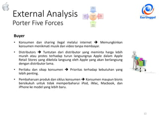 External Analysis
Porter Five Forces
12Classified - Highly Confidential
Buyer
• Konsumen dan sharing ilegal melalui internet  Memungkinkan
konsumen menikmati musik dan video tanpa membayar.
• Distributors  Tuntutan dari distributor yang meminta harga lebih
murah atau protes terhadap turun langsungnya Apple dalam Apple
Retail Stores yang dikelola langsung oleh Apple yang akan berlangsung
dengan distributor lama.
• Perilaku dan sikap konsumen  Prioritas terhadap kebutuhan yang
lebih penting.
• Pembaharuan produk dan siklus konsumen  Konsumen maupun bisnis
bersikukuh untuk tidak memperbaharui iPod, iMac, Macbook, dan
iPhone ke model yang lebih baru.
 
