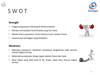 S W O T
16Classified - Highly Confidential
Strength
• Unggul penguasaan teknologi & tehnik produksi
• Mampu menciptakan brand loyalty yang luar biasa
• Market share yang besar untuk industry music melalui iTunes
• Layanan jasa pelanggan yang kompeten
Weakness
• Beberapa komponen hardware produknya bergantung pada pemain
industri digital lainnya
• Melemahnya kekuatan design Apple setelah Steve Jobs tiada
• Pasar Apple yang lebih kuat di US, Eropa, Japan baru disusul negara
lainnya
 