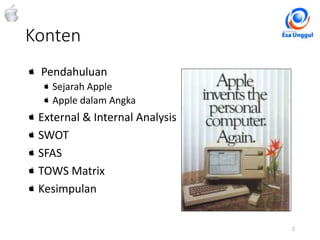 Konten
Pendahuluan
Sejarah Apple
Apple dalam Angka
External & Internal Analysis
SWOT
SFAS
TOWS Matrix
Kesimpulan
2Classified - Highly Confidential
 