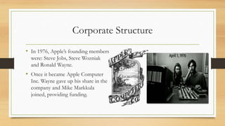 Corporate Structure
• In 1976, Apple‟s founding members
were: Steve Jobs, Steve Wozniak
and Ronald Wayne.

• Once it became Apple Computer
Inc. Wayne gave up his share in the
company and Mike Markkula
joined, providing funding.

 