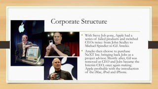 Corporate Structure
• With Steve Job gone, Apple had a

series of failed products and switched
CEOs twice: from John Sculley to
Michael Spindler to Gil Amelio.
• Amelio then choose to purchase
NeXT Inc. bringing back Jobs as a
project advisor. Shortly after, Gil was
removed as CEO and Jobs became the
Interim CEO, once again making
Apple profitable with the introduction
of the iMac, iPod and iPhone.

 