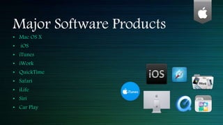 Major Software Products
• Mac OS X
• iOS
• iTunes
• iWork
• QuickTime
• Safari
• iLife
• Siri
• Car Play
 