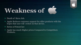 Weakness of
 Death of Steve Job.
 Apple Reduces customer support for older products with the
hopes that user will switch on that device.
 Series of Patent law
 Apple has much Higher prices Compared to Competitors
Products.
 