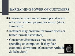 BARGAINING POWER OF CUSTOMERS

Customers share music using peer-to-peer
networks without paying for music (Ares,
Limewire)
Retailers may pressure for lower prices or
better terms(Distributors)
Consumers/Businesses may reduce
spending on computers if they fear
economic downturns (Consumer Attitudes
& Behaviors)
 