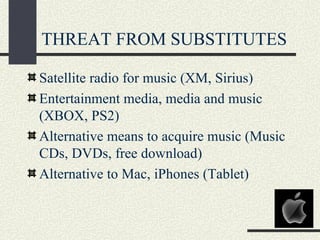THREAT FROM SUBSTITUTES

Satellite radio for music (XM, Sirius)
Entertainment media, media and music
(XBOX, PS2)
Alternative means to acquire music (Music
CDs, DVDs, free download)
Alternative to Mac, iPhones (Tablet)
 