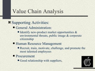 Value Chain Analysis
Supporting Activities:
   General Administration:
        Identify new-product market opportunities &
         environmental threats, public image & corporate
         citizenship
   Human Resource Management
        Recruit, train, motivate, challenge, and promote the
         most talented employees
   Procurement
        Good relationship with suppliers,
 