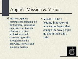 Apple’s Mission & Vision
Mission: Apple is           Vision: To be a
committed to bringing the   leading innovator of
best personal computing
                            new technologies that
experience to students,
educators, creative         change the way people
professionals and           go about their daily
consumers globally          Life
through innovative
hardware, software and
internet offerings.
 