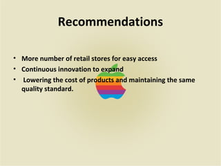 Recommendations
• More number of retail stores for easy access
• Continuous innovation to expand
• Lowering the cost of products and maintaining the same
quality standard.
 