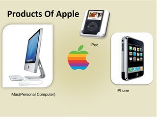 Products Of Apple
iMac(Personal Computer)
iPod
iPhone
 