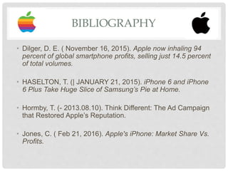 BIBLIOGRAPHY
• Dilger, D. E. ( November 16, 2015). Apple now inhaling 94
percent of global smartphone profits, selling just 14.5 percent
of total volumes.
• HASELTON, T. (| JANUARY 21, 2015). iPhone 6 and iPhone
6 Plus Take Huge Slice of Samsung’s Pie at Home.
• Hormby, T. (- 2013.08.10). Think Different: The Ad Campaign
that Restored Apple’s Reputation.
• Jones, C. ( Feb 21, 2016). Apple's iPhone: Market Share Vs.
Profits.
 