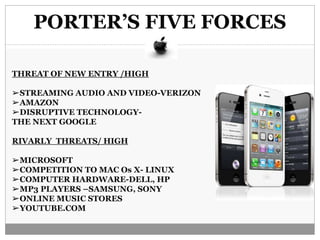 PORTER’S FIVE FORCES
THREAT OF NEW ENTRY /HIGH
➢STREAMING AUDIO AND VIDEO-VERIZON
➢AMAZON
➢DISRUPTIVE TECHNOLOGY-
THE NEXT GOOGLE
RIVARLY THREATS/ HIGH
➢MICROSOFT
➢COMPETITION TO MAC Os X- LINUX
➢COMPUTER HARDWARE-DELL, HP
➢MP3 PLAYERS –SAMSUNG, SONY
➢ONLINE MUSIC STORES
➢YOUTUBE.COM
 