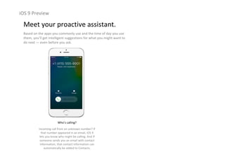 iOS 9 Preview
Meet your proactive assistant.
Based on the apps you commonly use and the time of day you use 
them, you’ll get intelligent suggestions for what you might want to 
do next — even before you ask.
Who’s calling?
Incoming call from an unknown number? If 
that number appeared in an email, iOS 9 
lets you know who might be calling. And if 
someone sends you an email with contact 
information, that contact information can 
automatically be added to Contacts.
 
