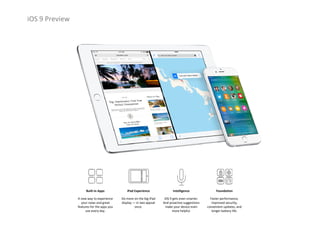 iOS 9 Preview
Foundation
Faster performance, 
improved security, 
convenient updates, and 
longer battery life.
Intelligence
iOS 9 gets even smarter. 
And proactive suggestions 
make your device even 
more helpful.
iPad Experience
Do more on the big iPad
display — in two appsat
once.
Built‐in Apps
A new way to experience 
your news and great 
features for the apps you 
use every day.
 