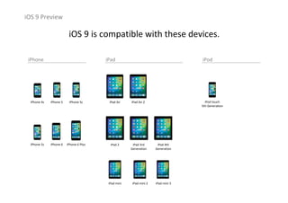 iOS 9 Preview
iOS 9 is compatible with these devices.
iPhone iPad iPod
iPhone 4s iPhone 5 iPhone 5c
iPhone 5s iPhone 6 iPhone 6 Plus iPad 2 iPad 3rd 
Generation
iPad 4th 
Generation
iPad Air 2iPad Air
iPad mini 2iPad mini iPad mini 3
iPod touch    
5th Generation
 