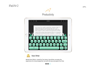 APPs
Hanx Writer
Behold Hanx Writer, created by Tom Hanks. Hanx Writer recreates the 
experience of a manual typewriter, but with the ease and speed of an iPad. 
Productivity
 