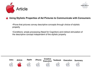 ______________________________________________________________________Creative Execution   AppleTextbook ExecutioniPhoneSummaryArticleIntroArticleUsing Stylistic Properties of Ad Pictures to Communicate with ConsumersProve that pictures convey descriptive concepts through choice of stylistic property