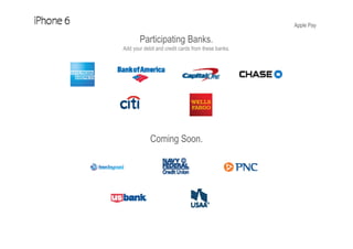 Apple Pay
Participating Banks.
Add your debit and credit cards from these banks.
Coming Soon.
 