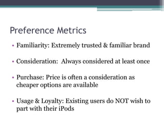 Preference MetricsFamiliarity: Extremely trusted & familiar brandConsideration:  Always considered at least oncePurchase: Price is often a consideration as cheaper options are availableUsage & Loyalty: Existing users do NOT wish to part with their iPods