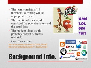 • The team consists of 14
members, so voting will be
appropriate to use.
• The traditional idea would
consist of the two characters and
the usual logo
• The modern ideas would
probably consist of trendy
material.
• Latest Commercials:
http://www.youtube.com/watch?v=YOoF_OItmnQ
http://www.youtube.com/watch?v=_Enz9tDwsAM

Background Info.

OMG
LOL
G2G
TGIF

 
