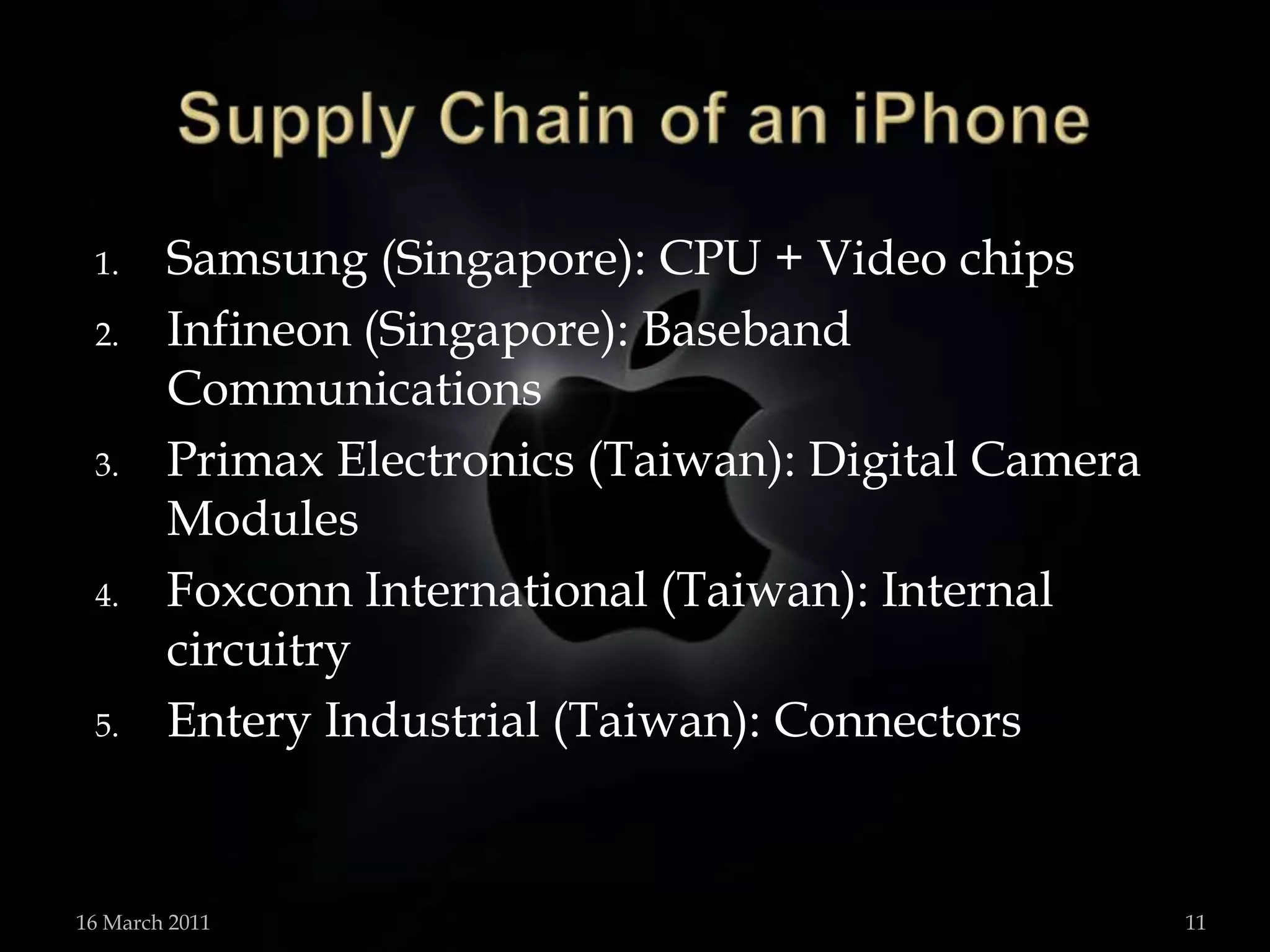 Supply Chain of aniPhoneSamsung (Singapore): CPU + Video chipsInfineon(Singapore): Baseband CommunicationsPrimax Electronics (Taiwan): Digital Camera ModulesFoxconnInternational (Taiwan): Internal circuitryEntery Industrial (Taiwan): Connectors15 March 201111