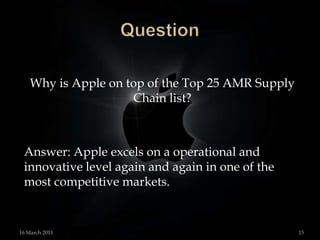 QuestionWhy is Apple on top of the Top 25 AMR Supply Chain list?Answer: Apple excels on a operational and innovative level again and again in one of the most competitive markets. 15 March 201115