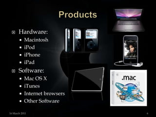 ProductsHardware:MacintoshiPodiPhoneiPadSoftware:Mac OS X iTunesInternet browsers Other Software15 March 20116