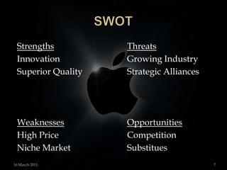 SWOTStrengthsThreatsInnovation			Growing IndustrySuperior Quality		Strategic AlliancesWeaknessesOpportunitiesHigh Price				CompetitionNiche Market			Substitues15 March 20117