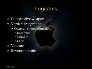 LogisticsCompetitiveweaponVerticalintegrationOwns all strategic junctionsHardwareSoftwareChipsVolumeReverse logistics15 March 20118