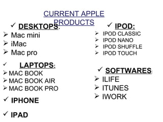 CURRENT APPLE PRODUCTS 
 DESKTOPS: 
Mac mini 
iMac 
Mac pro 
 LAPTOPS: 
 MAC BOOK 
 MAC BOOK AIR 
 MAC BOOK PRO 
 IPHONE 
 IPAD 
 IPOD: 
 IPOD CLASSIC 
 IPOD NANO 
 IPOD SHUFFLE 
 IPOD TOUCH 
 SOFTWARES: 
ILIFE 
ITUNES 
IWORK 
 