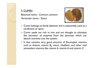 5. CUMIN
Botanical name: - Cuminum cyminum
Vernacular name: - Zeera

  Cumin belongs to family Apiaceae and is extensively used as a
  condiment or spice.
  Cumin seeds are rich in iron and are thought to stimulate
  the secretion of enzymes from the pancreas which can
  absorb nutrients into the system.
  It also contains very good amounts of B-complex vitamins
  such as thiamin, vitamin B6, niacin, riboflavin, and other vital
  antioxidant vitamins like vitamin E, vitamin A and vitamin C.
 