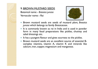 9. BROWN MUSTARD SEEDS
Botanical name: - Brassica juncea
Vernacular name: - Rai

  Brown mustard seeds are seeds of mustard plant, Brassica
  juncea which belongs to family Brassicaceae.
  It is commonly known as rai in India and is used in powder
  form in many food preparations like pickles, chutney and
  salad dressings etc.
  It has a pungent flavour and gives sourness to the pickles.
  Brown mustard seeds are an excellent source of essential B-
  complex vitamins, vitamin A, vitamin K and minerals like
  calcium, iron, copper, magnesium and manganese.
 