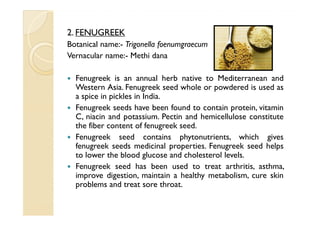 2. FENUGREEK
Botanical name:- Trigonella foenumgraecum
Vernacular name:- Methi dana

  Fenugreek is an annual herb native to Mediterranean and
  Western Asia. Fenugreek seed whole or powdered is used as
  a spice in pickles in India.
  Fenugreek seeds have been found to contain protein, vitamin
  C, niacin and potassium. Pectin and hemicellulose constitute
  the fiber content of fenugreek seed.
  Fenugreek seed contains phytonutrients, which gives
  fenugreek seeds medicinal properties. Fenugreek seed helps
  to lower the blood glucose and cholesterol levels.
  Fenugreek seed has been used to treat arthritis, asthma,
  improve digestion, maintain a healthy metabolism, cure skin
  problems and treat sore throat.
 