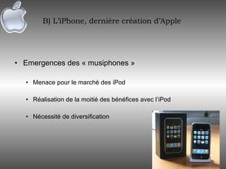 B) L’iPhone, dernière création d’Apple  Emergences des « musiphones » Menace pour le marché des iPod Réalisation de la moitié des bénéfices avec l’iPod Nécessité de diversification 