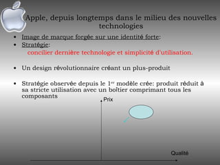 Apple, depuis longtemps dans le milieu des nouvelles technologies Image de marque forg é e sur une identit é  forte :  Strat é gie : concilier derni è re technologie et simplicit é  d ’ utilisation. Un design r é volutionnaire cr é ant un plus-produit Strat é gie observ é e depuis le 1 er  mod è le cr é e: produit r é duit  à  sa stricte utilisation avec un bo î tier comprimant tous les composants Prix Qualité 