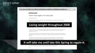 Steve’s Letter
Steve Jobs




                     Losing weight throughout 2008




                 It will take me until late this Spring to regain it.
 