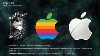 Apple Inc.
Apple’s Current Information




   •    Founded in California, United States (April 1, 1976 )
   •    American multinational corporation which designs and manufactures consumer electronics and software
        products.
   •    Steven Paul Jobs (born February 24, 1955) is the co-founder, and CEO of Apple Inc.
 