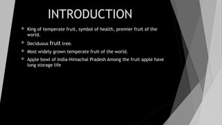 INTRODUCTION
 King of temperate fruit, symbol of health, premier fruit of the
world.
 Deciduous fruit tree.
 Most widely grown temperate fruit of the world.
 Apple bowl of India-Himachal Pradesh Among the fruit apple have
long storage life
 