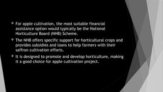  For apple cultivation, the most suitable financial
assistance option would typically be the National
Horticulture Board (NHB) Scheme.
 The NHB offers specific support for horticultural crops and
provides subsidies and loans to help farmers with their
saffron cultivation efforts.
 It is designed to promote and develop horticulture, making
it a good choice for apple cultivation project.
 