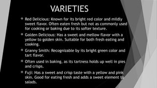 VARIETIES
 Red Delicious: Known for its bright red color and mildly
sweet flavor. Often eaten fresh but not as commonly used
for cooking or baking due to its softer texture.
 Golden Delicious: Has a sweet and mellow flavor with a
yellow to golden skin. Suitable for both fresh eating and
cooking.
 Granny Smith: Recognizable by its bright green color and
tart flavor.
 Often used in baking, as its tartness holds up well in pies
and crisps.
 Fuji: Has a sweet and crisp taste with a yellow and pink
skin. Good for eating fresh and adds a sweet element to
salads.
 