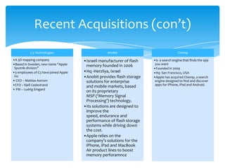 Recent Acquisitions (con’t)
           C3 Technologies                         Anobit                               Chomp

•A 3D mapping company                  •Israeli manufacturer of flash   •is a search engine that finds the app
•Based in Sweden, new name “Apple                                        you want
 Sputnik division”
                                        memory founded in 2006
                                                                        •Founded in 2009
•3 employees of C3 have joined Apple   •Hq -Herzliya, Israel            •Hq- San Francisco, USA
 Inc                                   •Anobit provides flash storage   •Apple has acquired Chomp, a search
• CEO – Mattias Astrom                  solutions for enterprise         engine designed to find and discover
•CFO – Kjell Cedestrand                                                  apps for iPhone, iPad and Android.
                                        and mobile markets, based
• PM – Ludrig Emgard
                                        on its proprietary
                                        MSP (‘Memory Signal
                                        Processing’) technology.
                                       •Its solutions are designed to
                                        improve the
                                        speed, endurance and
                                        performance of flash storage
                                        systems while driving down
                                        the cost.
                                       •Apple relies on the
                                        company’s solutions for the
                                        iPhone, iPad and MacBook
                                        Air product lines to boost
                                        memory perforamnce
 