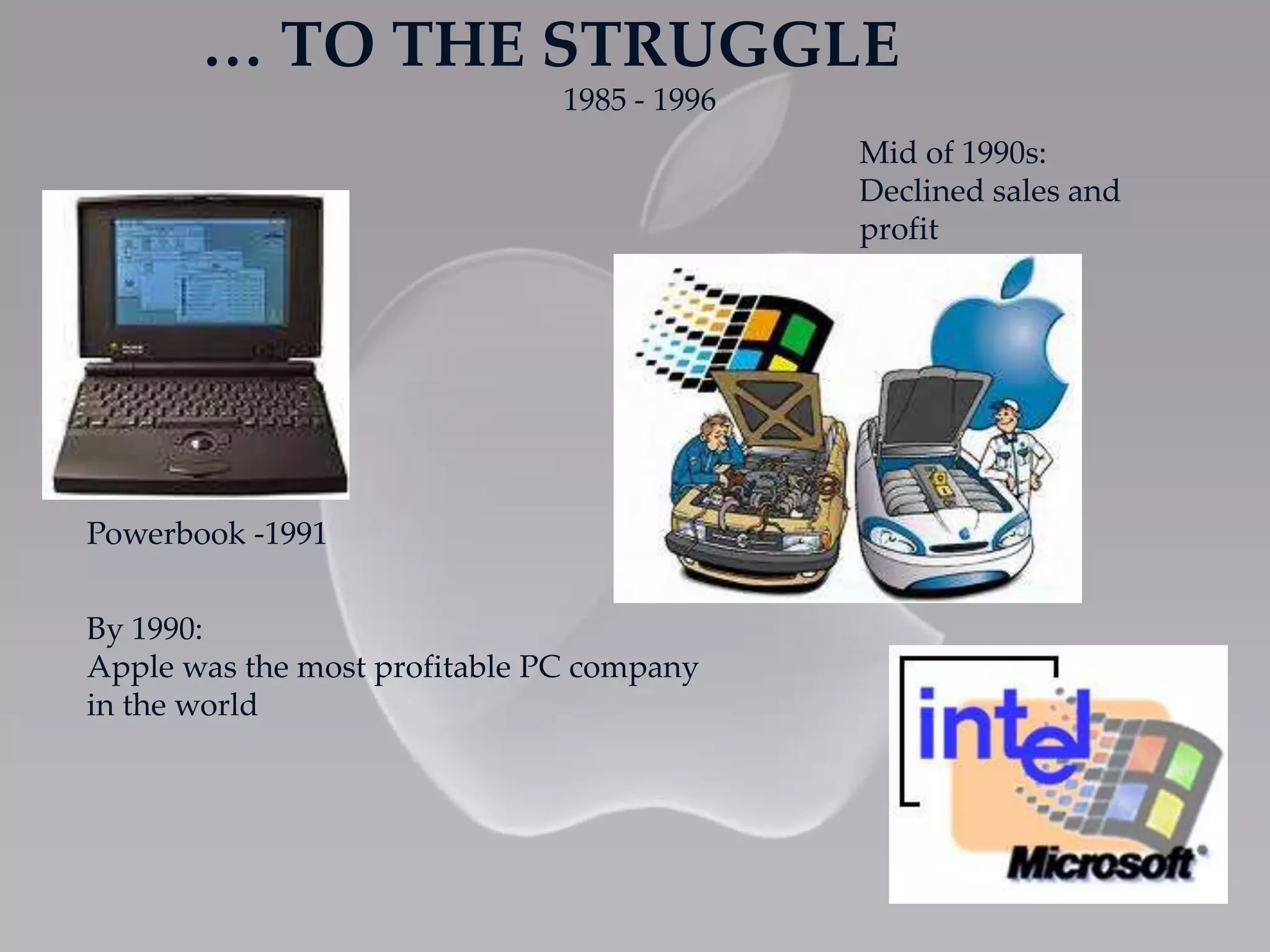 … TO THE STRUGGLE
1985 - 1996
By 1990:
Apple was the most profitable PC company
in the world
Mid of 1990s:
Declined sales and
profit
Powerbook -1991
 