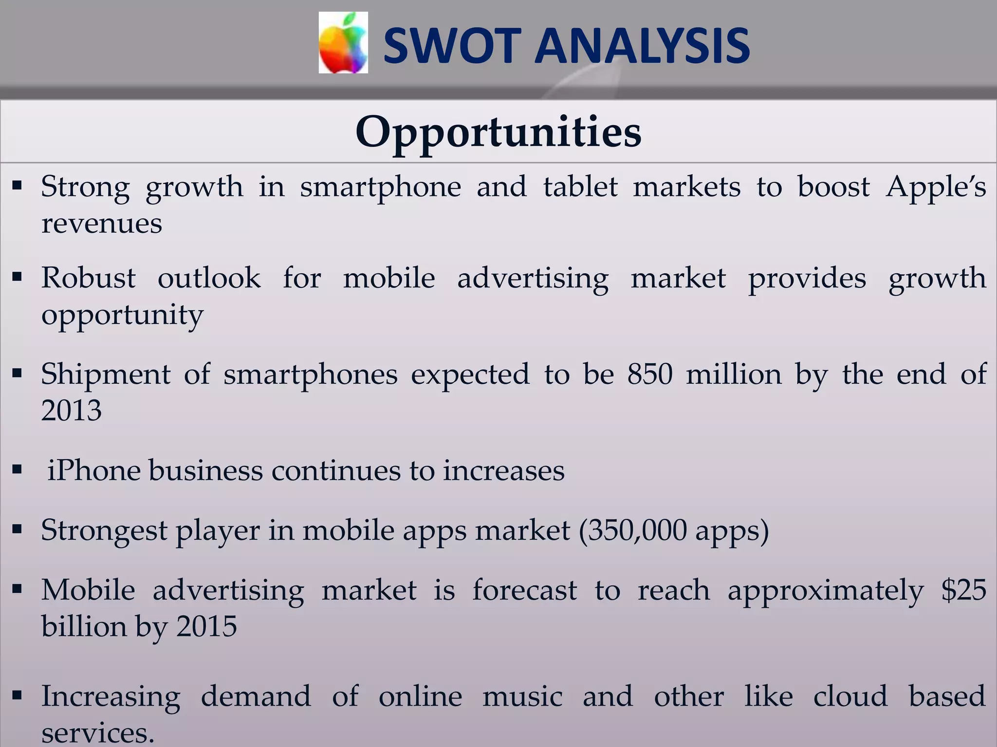 Opportunities
 Strong growth in smartphone and tablet markets to boost Apple’s
revenues
 Robust outlook for mobile advertising market provides growth
opportunity
 Shipment of smartphones expected to be 850 million by the end of
2013
 iPhone business continues to increases
 Strongest player in mobile apps market (350,000 apps)
 Mobile advertising market is forecast to reach approximately $25
billion by 2015
 Increasing demand of online music and other like cloud based
services.
SWOT ANALYSIS
 